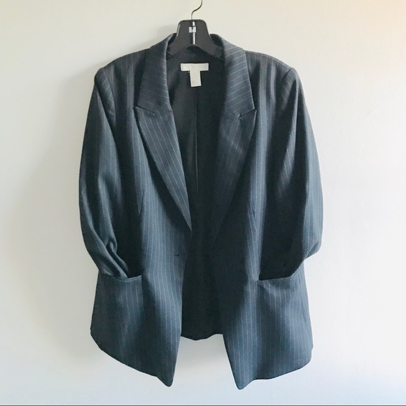 🍂H&M Navy Blue Pinstripe Wool Blazer Coat Jacket - Picture 3 of 8